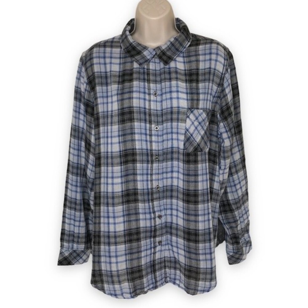 Westbound Woman Mixed Media Print Plaid Blue Black White Long Sleeve Button 1X